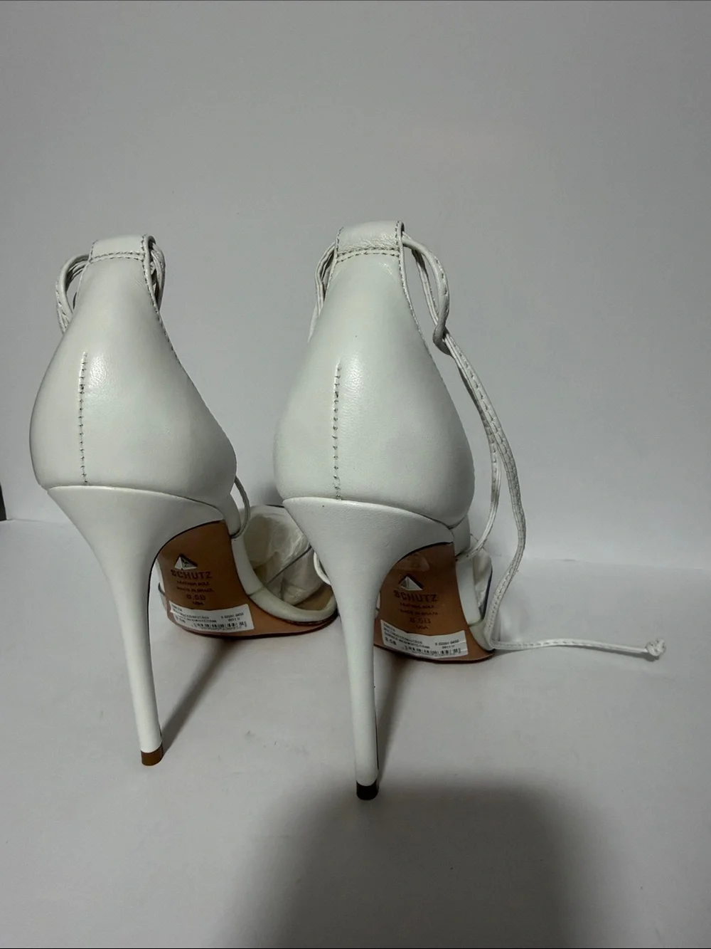 SCHUTZ White Pointed Lace-Up Heels with Ankle Wrap